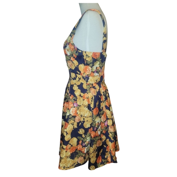 Garden Party Floral roses Sleeveless a line Dress navy yellow cream orange M 6/8 - Picture 4 of 6